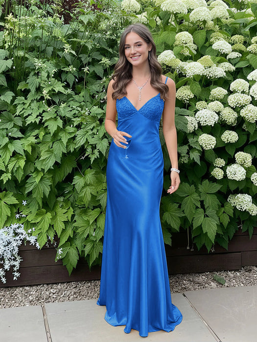 Blue V-neck Beaded Satin A Line Prom Dress