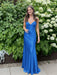 Blue V-neck Beaded Satin A Line Prom Dress