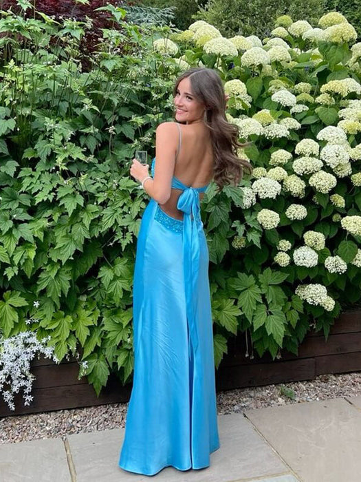 Blue V-neck Beaded Satin A Line Prom Dress