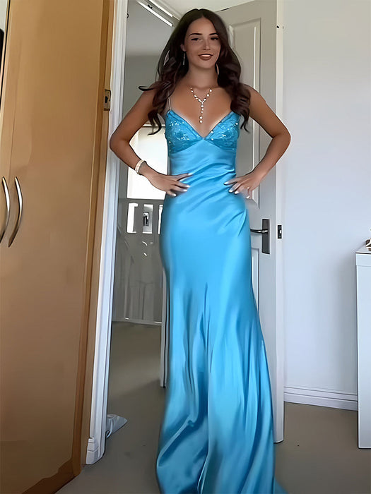 Blue V-neck Beaded Satin A Line Prom Dress