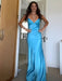 Blue V-neck Beaded Satin A Line Prom Dress