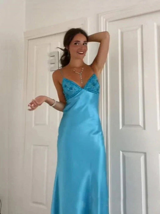 Blue V-neck Beaded Satin A Line Prom Dress