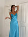 Blue V-neck Beaded Satin A Line Prom Dress
