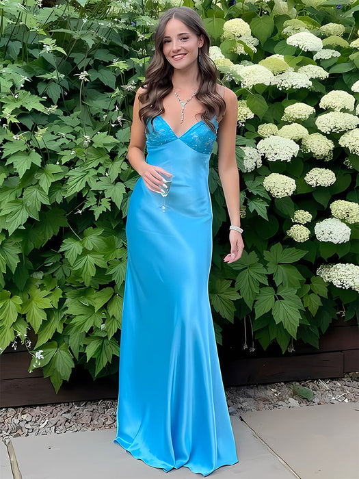 Blue V-neck Beaded Satin A Line Prom Dress