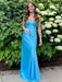 Blue V-neck Beaded Satin A Line Prom Dress