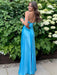 Blue V-neck Beaded Satin A Line Prom Dress