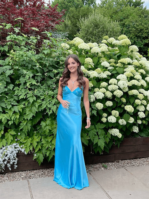 Blue V-neck Beaded Satin A Line Prom Dress