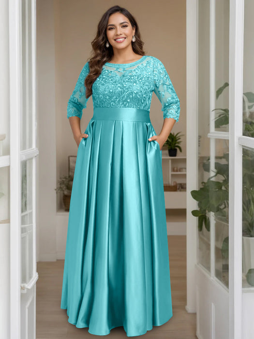 Blue Plus Size Floor-Length Mother of the Bride A-Line Dress with 3/4 Sleeves Scoop Neck Bow & Sequins