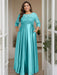 Blue Plus Size Floor-Length Mother of the Bride A-Line Dress with 3/4 Sleeves Scoop Neck Bow & Sequins