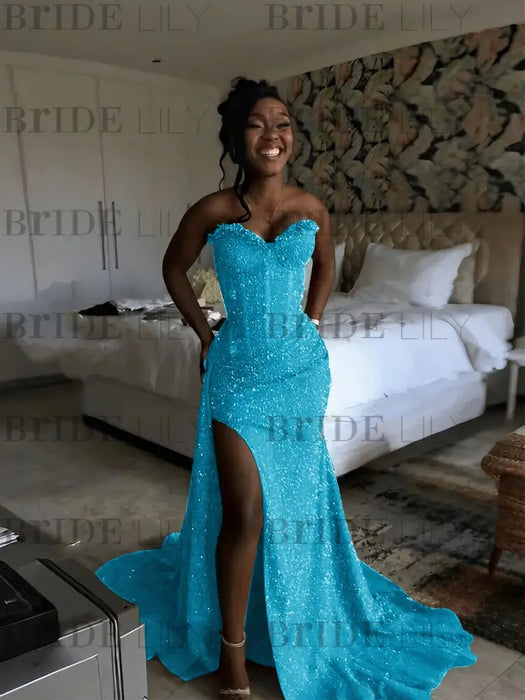 Blue Sparkly Strapless Mermaid Sequined Prom Dress with Slit