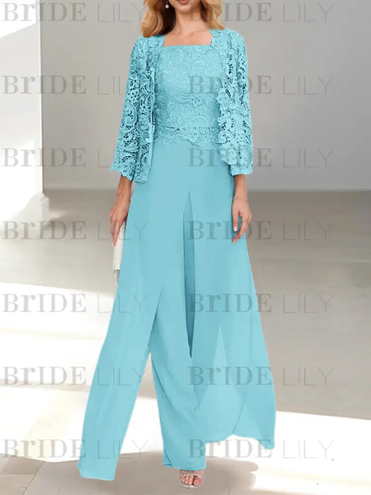 Floor-Length Square Neck Chiffon Mother of the Bride Pantsuit with Jacket & Side Split