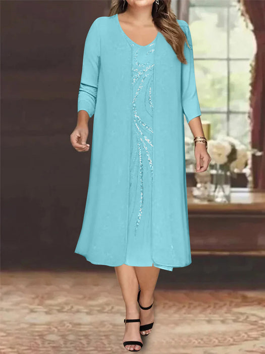 Blue V-Neck Long-Sleeve Tea-Length Plus Size Mother of the Bride Dress with Jacket and Sequins
