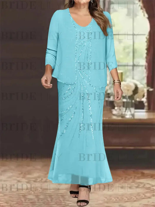 Plus Size V-Neck Ankle-Length Sheath/Column Mother of the Bride Dresses with Sequins & Jacket