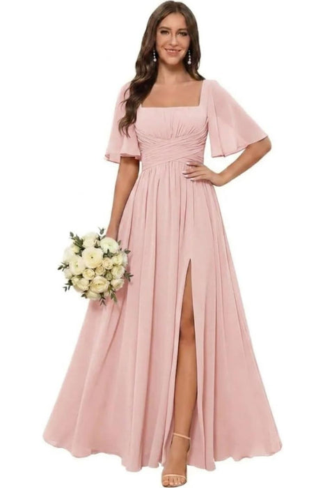 Square Neck Ruffle Sleeve Chiffon Bridesmaid Dress with Slit