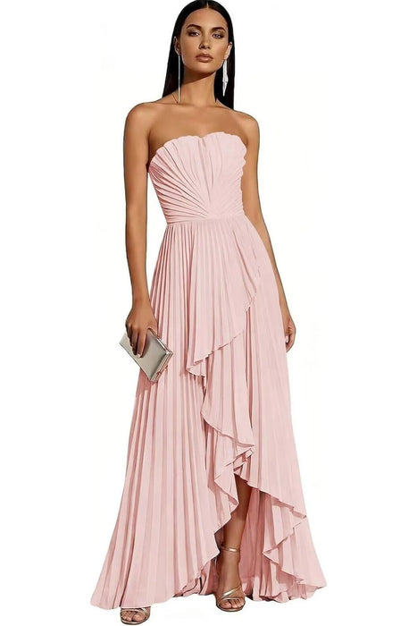 Strapless Pleated Chiffon High-Low Bridesmaid Dress