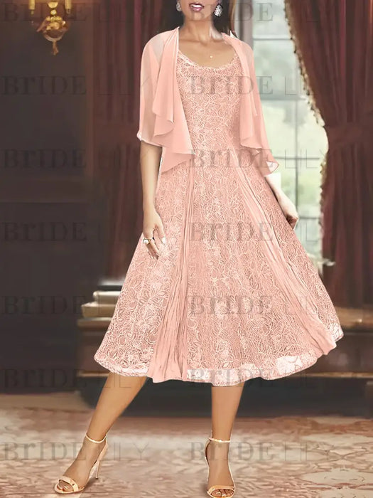 Princess A-Line Tea-Length Mother of the Bride Dress with Scoop Neck Half Sleeves Appliques and Jacket