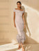 Unique Off-the-Shoulder Tea-Length Mother of the Bride Dress with Short Sleeves and Feathers