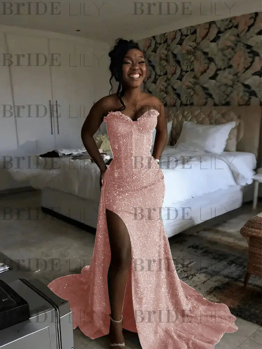 Blush Pink Sparkly Strapless Mermaid Sequined Prom Dress with Slit