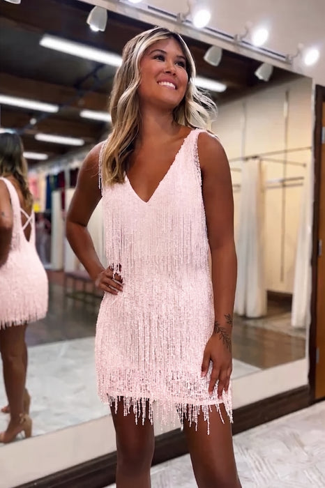 Blushing Pink V-Neck Backless Tight Short Homecoming Dress with Fringes
