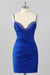 Spaghetti Straps Satin Tight Short Homecoming Dress with Beadings