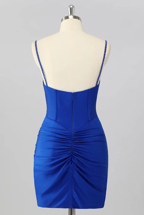 Spaghetti Straps Satin Tight Short Homecoming Dress with Beadings