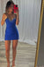Spaghetti Straps Satin Tight Short Homecoming Dress with Beadings