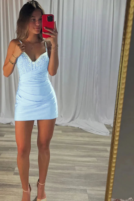 Spaghetti Straps Satin Tight Short Homecoming Dress with Beadings