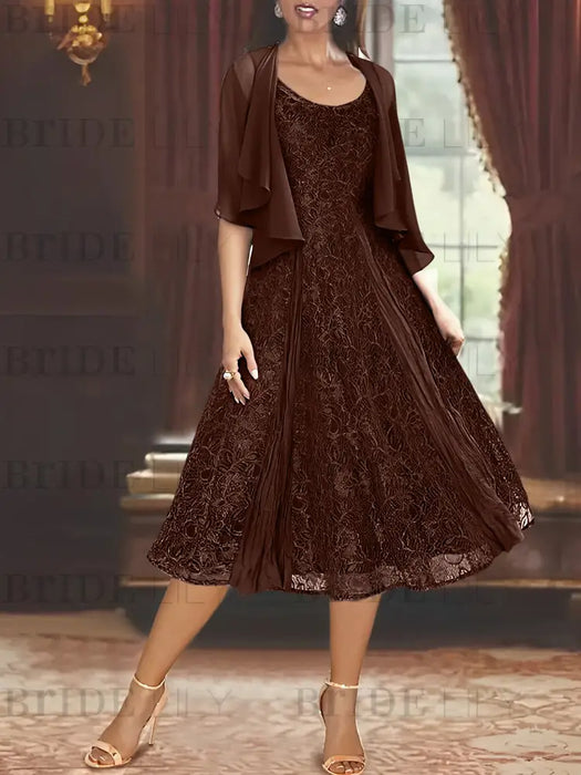 Princess A-Line Tea-Length Mother of the Bride Dress with Scoop Neck Half Sleeves Appliques and Jacket