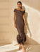 Unique Off-the-Shoulder Tea-Length Mother of the Bride Dress with Short Sleeves and Feathers