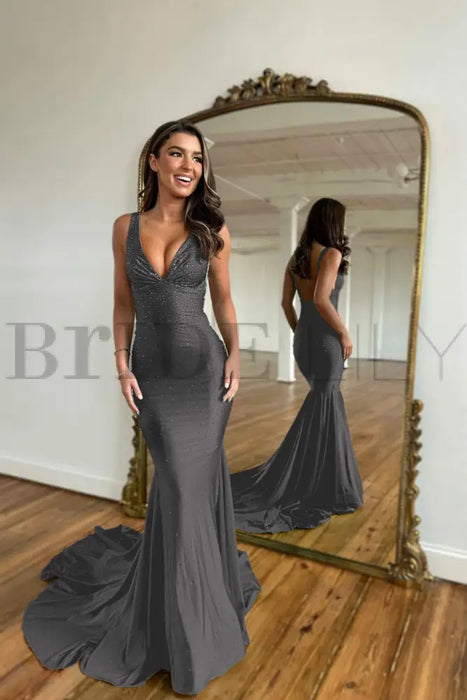 Brown Prom Dress Mermaid V Neck Long Evening Dress with Beadings - Prom Dresses