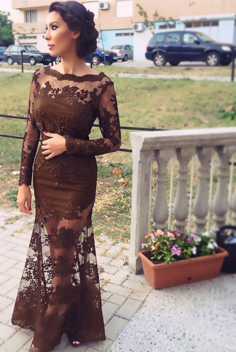 Brown Trumpet/Mermaid Bateau Long Sleeves Applique Lace Dresses - Prom Dresses