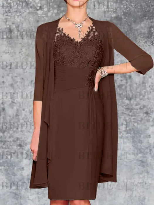 Brown Knee-Length V-Neck Sheath/Column Mother of the Bride Dresses
