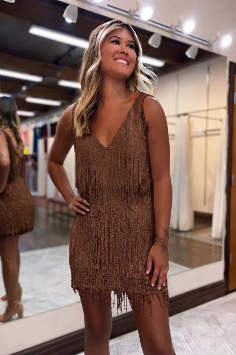 Brown V-Neck Backless Tight Short Homecoming Dress with Fringes