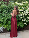 Burgundy V-neck Beaded Satin A Line Prom Dress