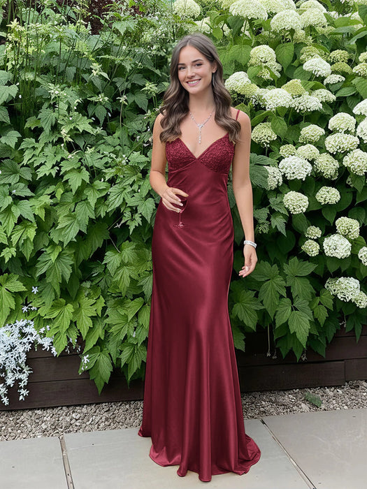 Burgundy V-neck Beaded Satin A Line Prom Dress