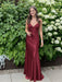 Burgundy V-neck Beaded Satin A Line Prom Dress