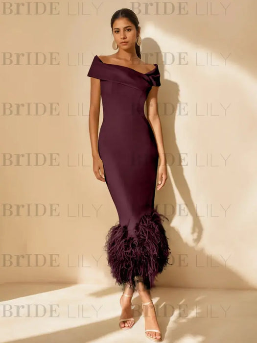 Unique Off-the-Shoulder Tea-Length Mother of the Bride Dress with Short Sleeves and Feathers