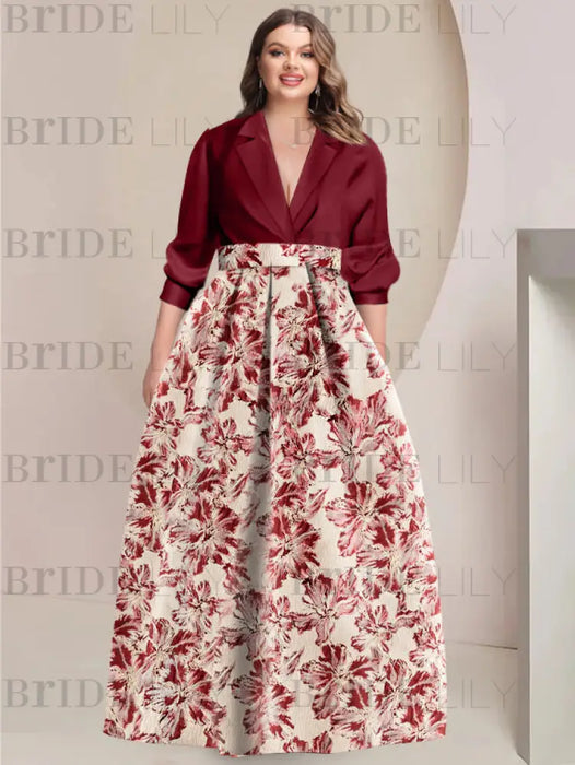 Burgundy Printed Flower Plus Size A-Line/Princess Shirt Collar Mother of the Bride & Groom Dresses with 3/4 Sleeves