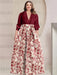 Burgundy Printed Flower Plus Size A-Line/Princess Shirt Collar Mother of the Bride & Groom Dresses with 3/4 Sleeves