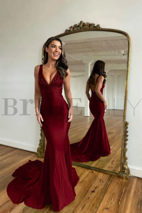 Burgundy Prom Dress Mermaid V Neck Long Evening Dress with Beadings - Prom Dresses