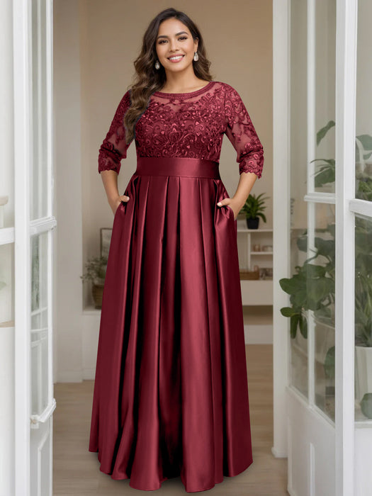 Burgundy Plus Size Floor-Length Mother of the Bride A-Line Dress with 3/4 Sleeves Scoop Neck Bow & Sequins