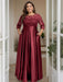 Burgundy Plus Size Floor-Length Mother of the Bride A-Line Dress with 3/4 Sleeves Scoop Neck Bow & Sequins