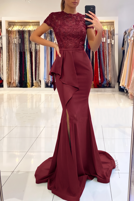 Burgundy Short Sleeve Lace Mermaid Prom Dress with Slit