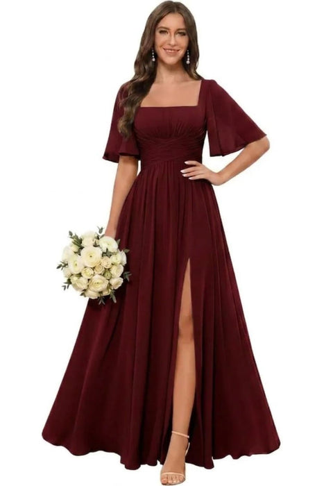 Square Neck Ruffle Sleeve Chiffon Bridesmaid Dress with Slit