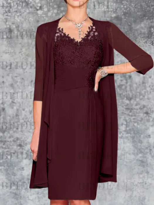 Burgundy Knee-Length V-Neck Sheath/Column Mother of the Bride Dresses