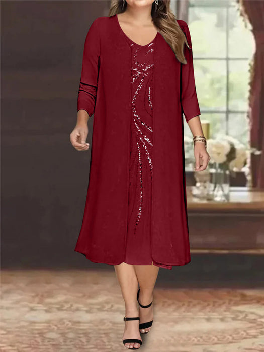 Burgundy V-Neck Long-Sleeve Tea-Length Plus Size Mother of the Bride Dress with Jacket and Sequins