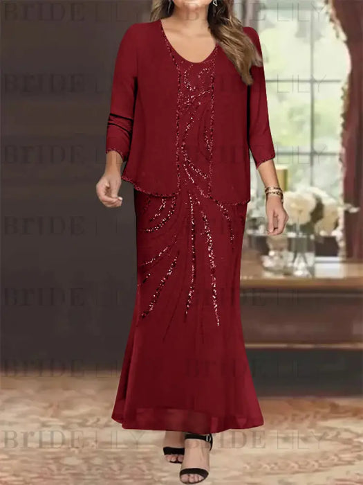 Plus Size V-Neck Ankle-Length Sheath/Column Mother of the Bride Dresses with Sequins & Jacket
