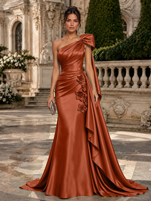 Burnt Orange One Shoulder Satin Mermaid Evening Dresses with 3D Flowers
