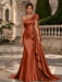 Burnt Orange One Shoulder Satin Mermaid Evening Dresses with 3D Flowers