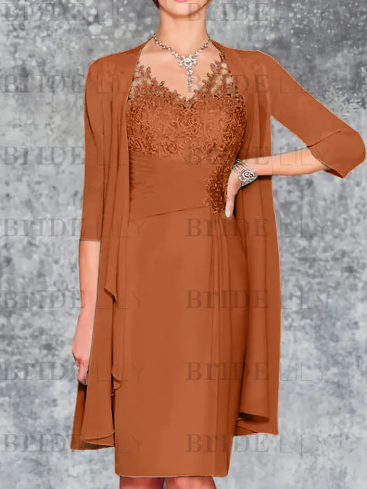 Burnt Orange Knee-Length V-Neck Sheath/Column Mother of the Bride Dresses